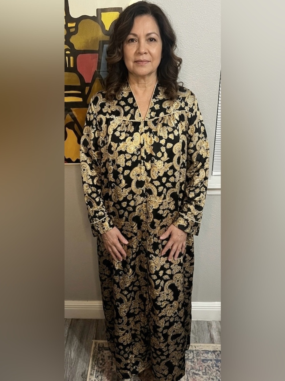Vintage CHRISTIAN DIOR NEIMAN
MARCUS BLACK/ GOLD FLORAL SATIN
KAFTGAN ROBE